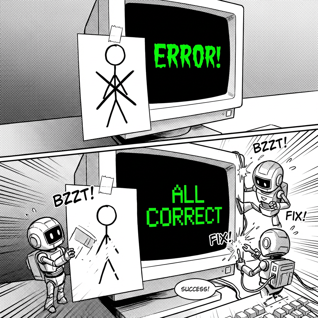 Vintage computer monitor displaying ALL CORRECT in green text next to a stick figure drawing.