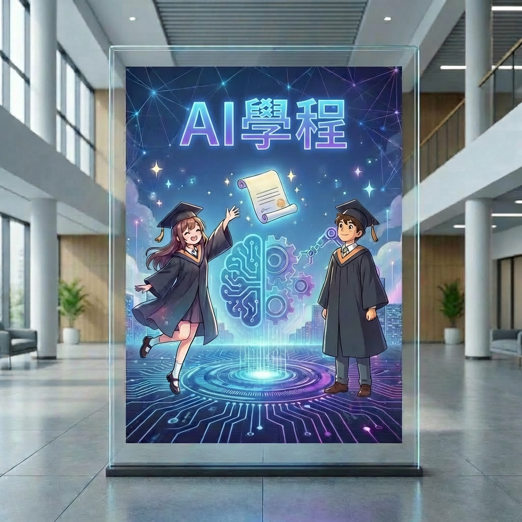 Poster with text 產業AI碩士 未來願景海報 featuring a digital brain, gears, and robotic arm.