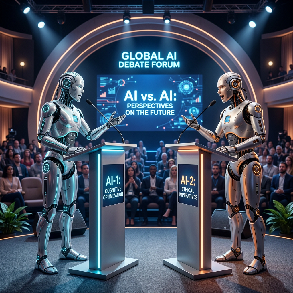 Two humanoid robots debating at podiums labeled AI-1 Cognitive Optimization and AI-2 Ethical Imperatives in front of an audience during a Global AI Debate Forum