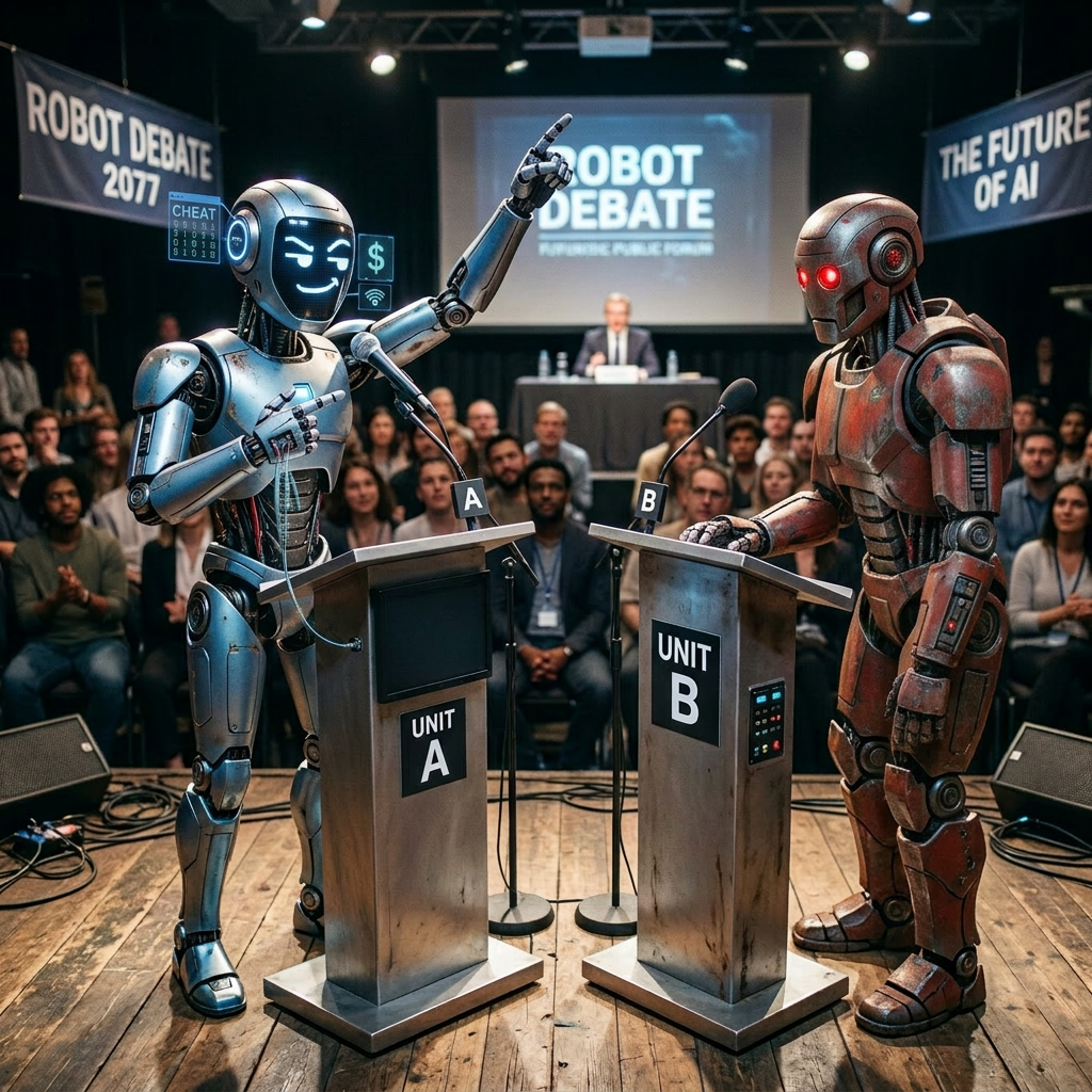 Two humanoid robots at debate podiums labeled Unit A and Unit B, Unit A declared winner