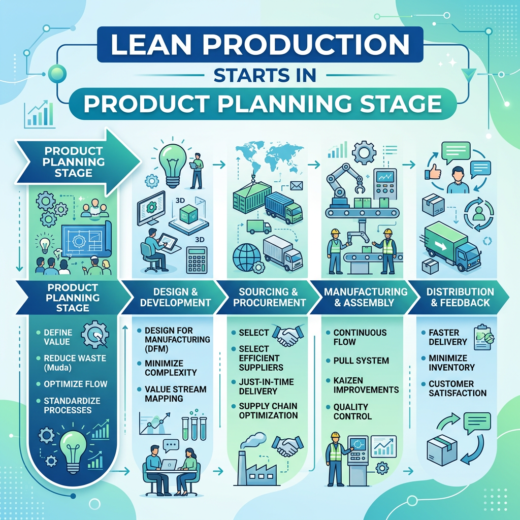 Flowchart detailing lean production stages: Product planning, design and development, sourcing and procurement, manufacturing and assembly, distribution and feedback.