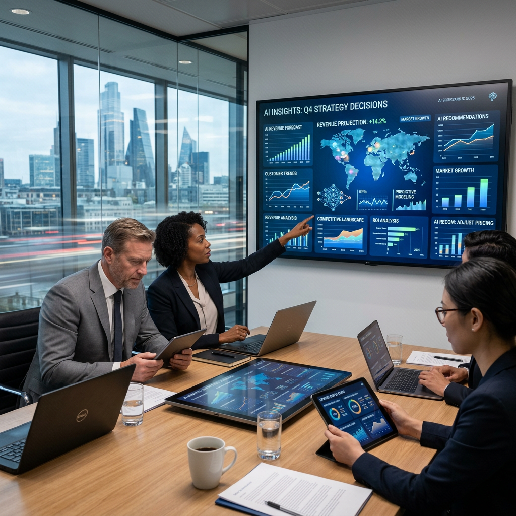 Business professionals in a meeting room analyzing AI strategy data on multiple screens