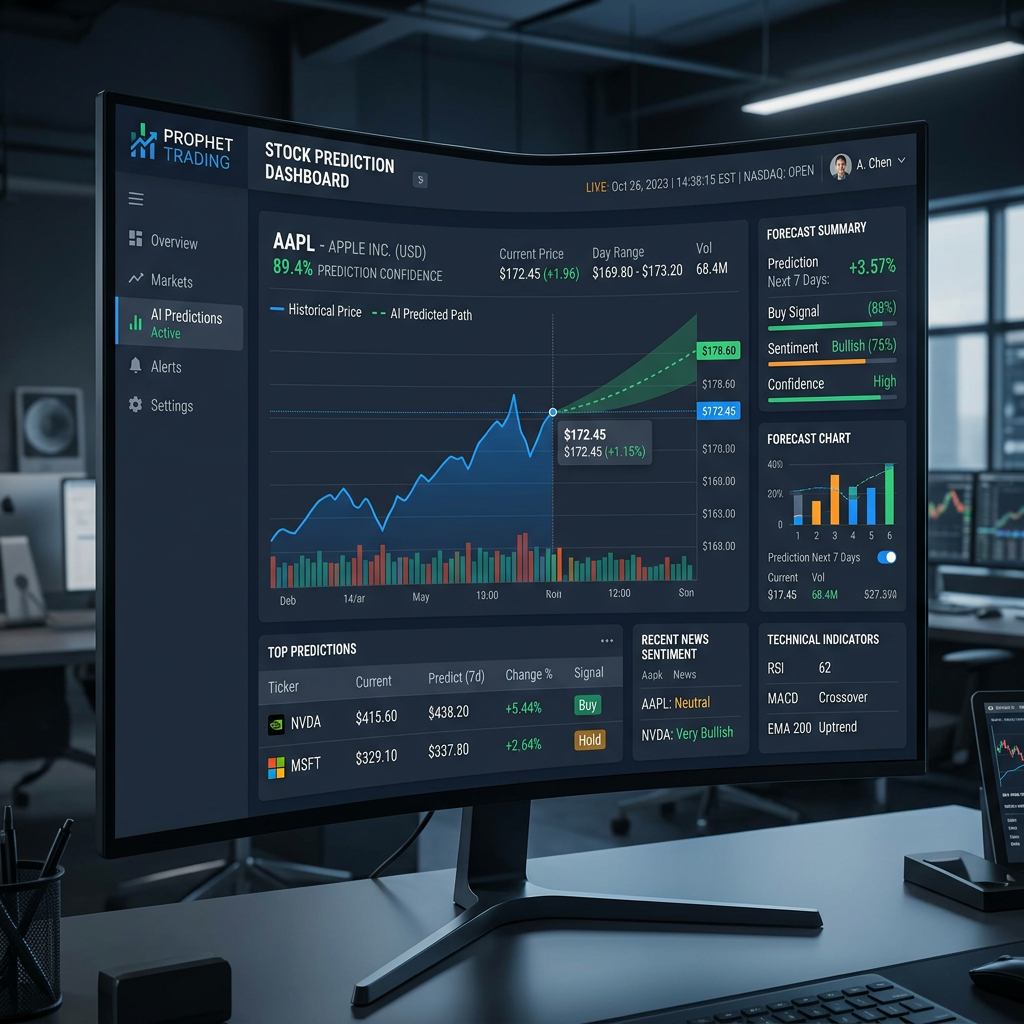 Curved computer monitor showing a stock prediction dashboard for Apple with charts and forecast data