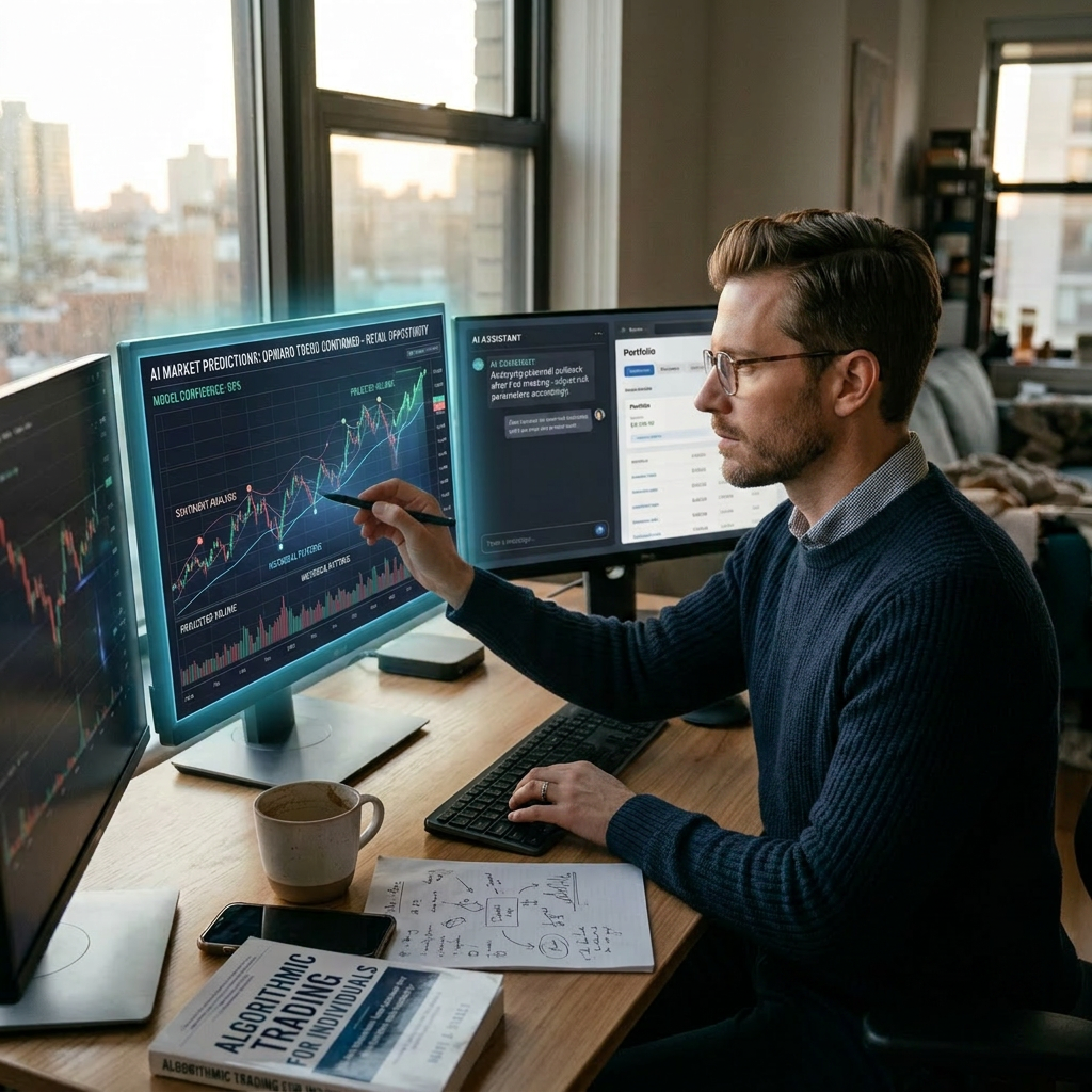 Woman reviewing AI market prediction charts and portfolio data on computer screens