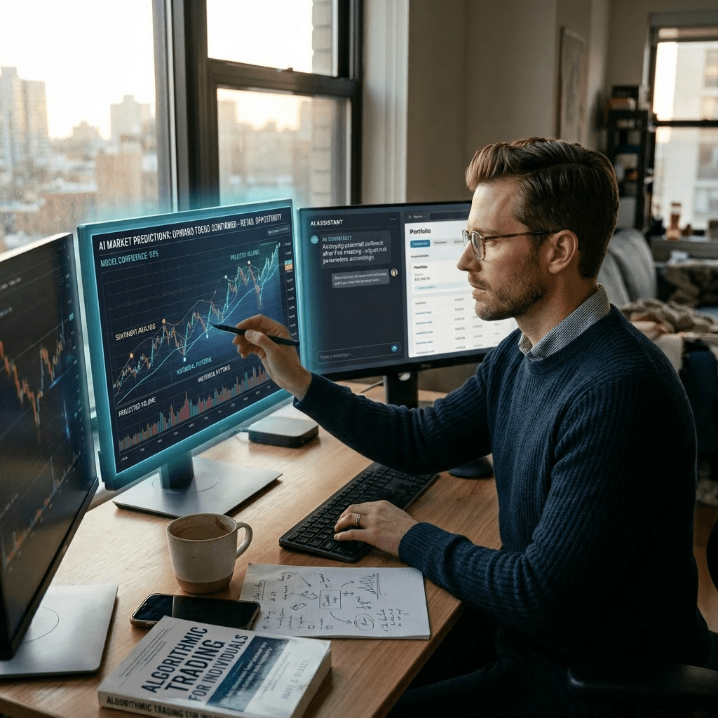 Woman reviewing AI market prediction charts and portfolio data on computer screens