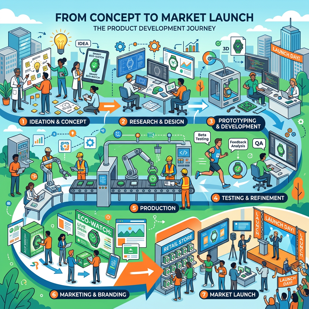 Diagram illustrating seven stages of product development from ideation to market launch
