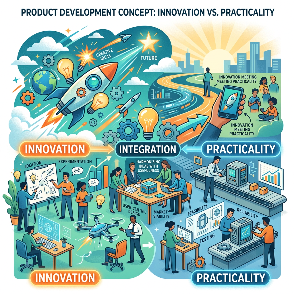 Conceptual illustration showing innovation, integration, and practicality in product development with people collaborating and machines working.