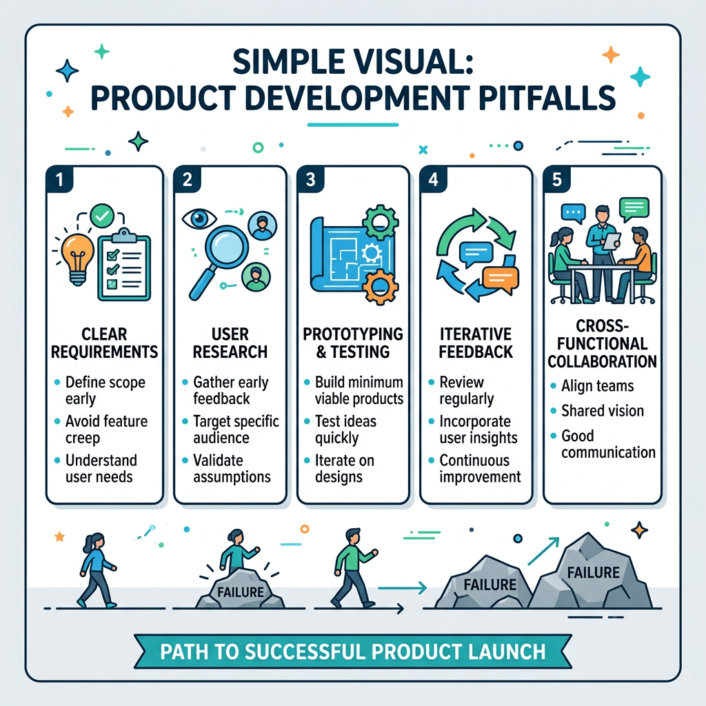Steps for successful product development highlighting clear requirements, user research, prototyping & testing, iterative feedback, and cross-functional collaboration
