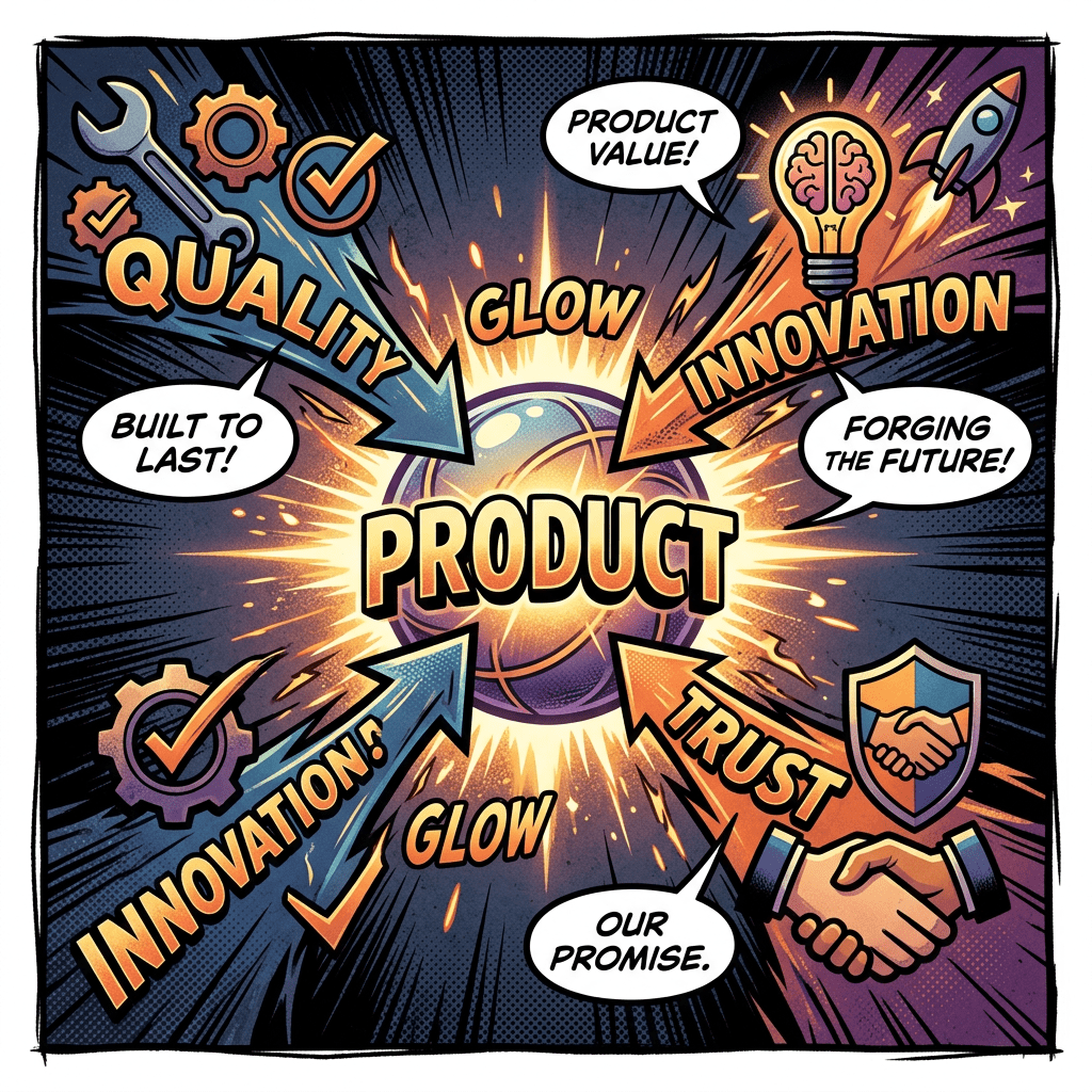 Central product surrounded by arrows labeled quality, innovation, trust, and glow with related icons and phrases