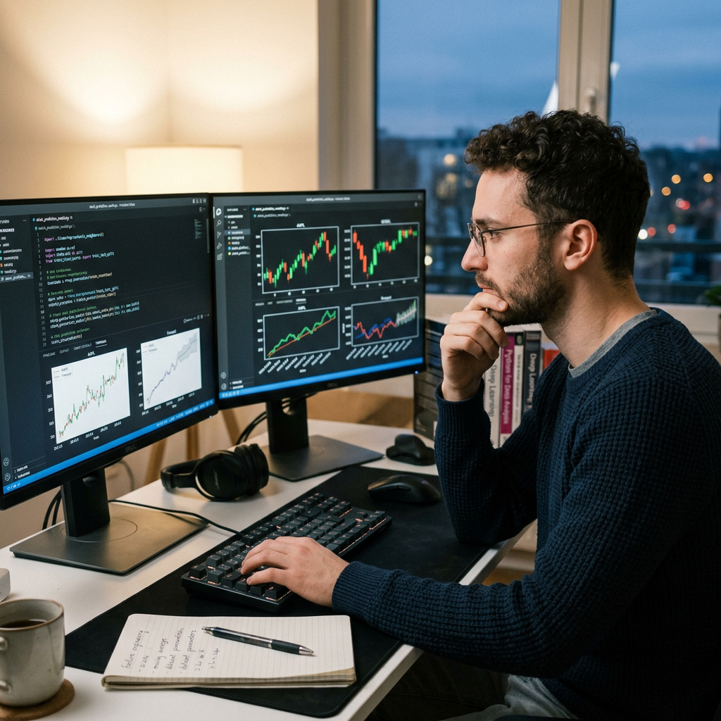 Man studying financial graphs and programming code on two computer screens