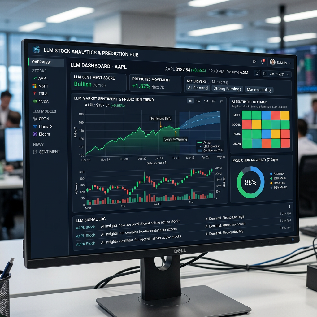 Stock analytics dashboard displaying AI sentiment score, predicted movement, market trend graphs, key drivers, and prediction accuracy for AAPL