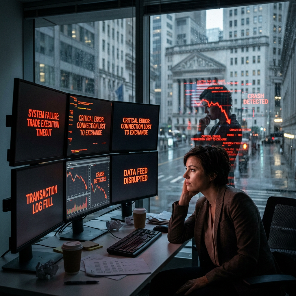 Multiple monitors showing system failure and market crash errors with a worried woman watching