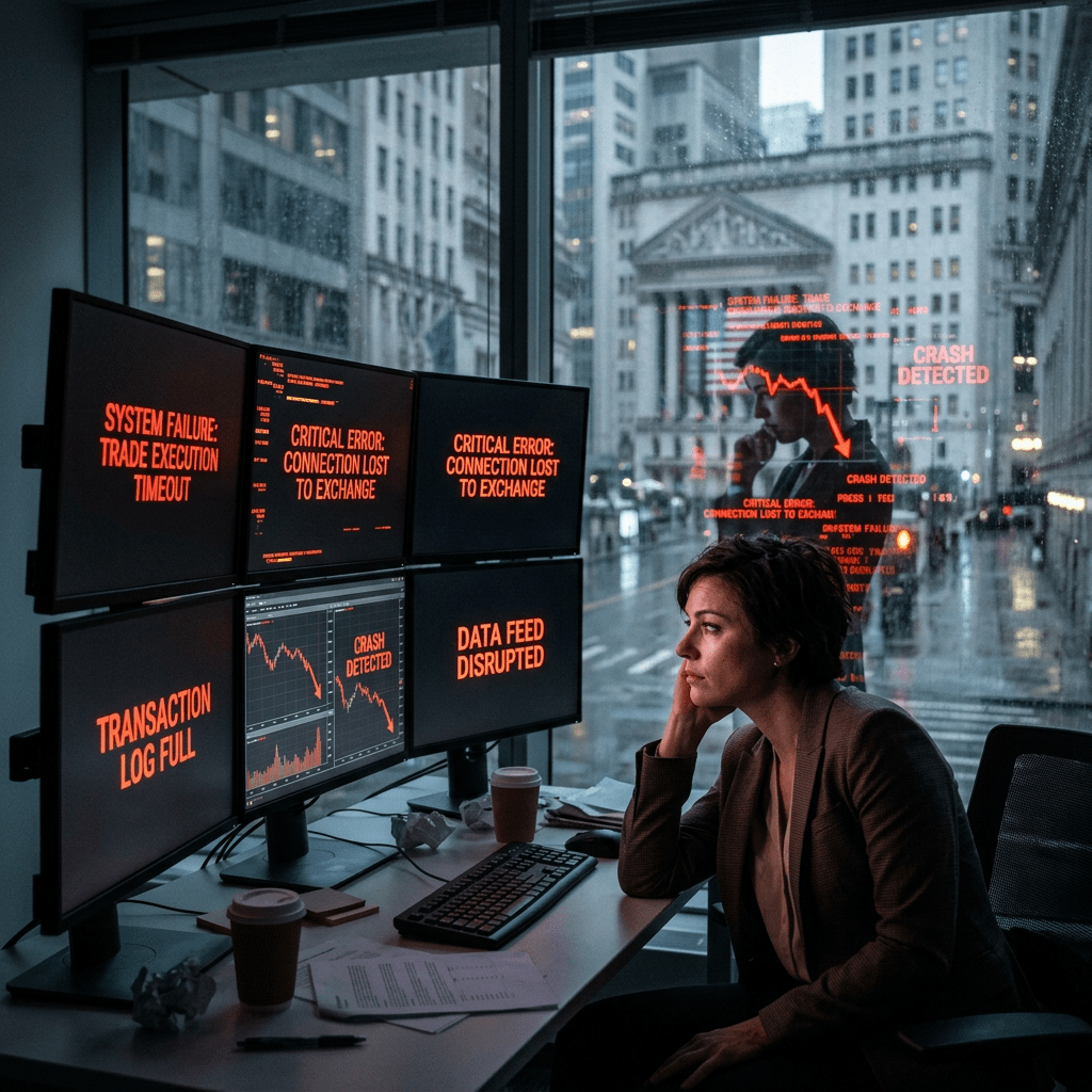 Multiple monitors showing system failure and market crash errors with a worried woman watching