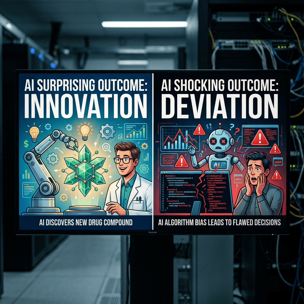 Two computer screens illustrating AI innovation with a scientist and a robotic arm, and AI deviation with a malfunctioning robot and a worried man