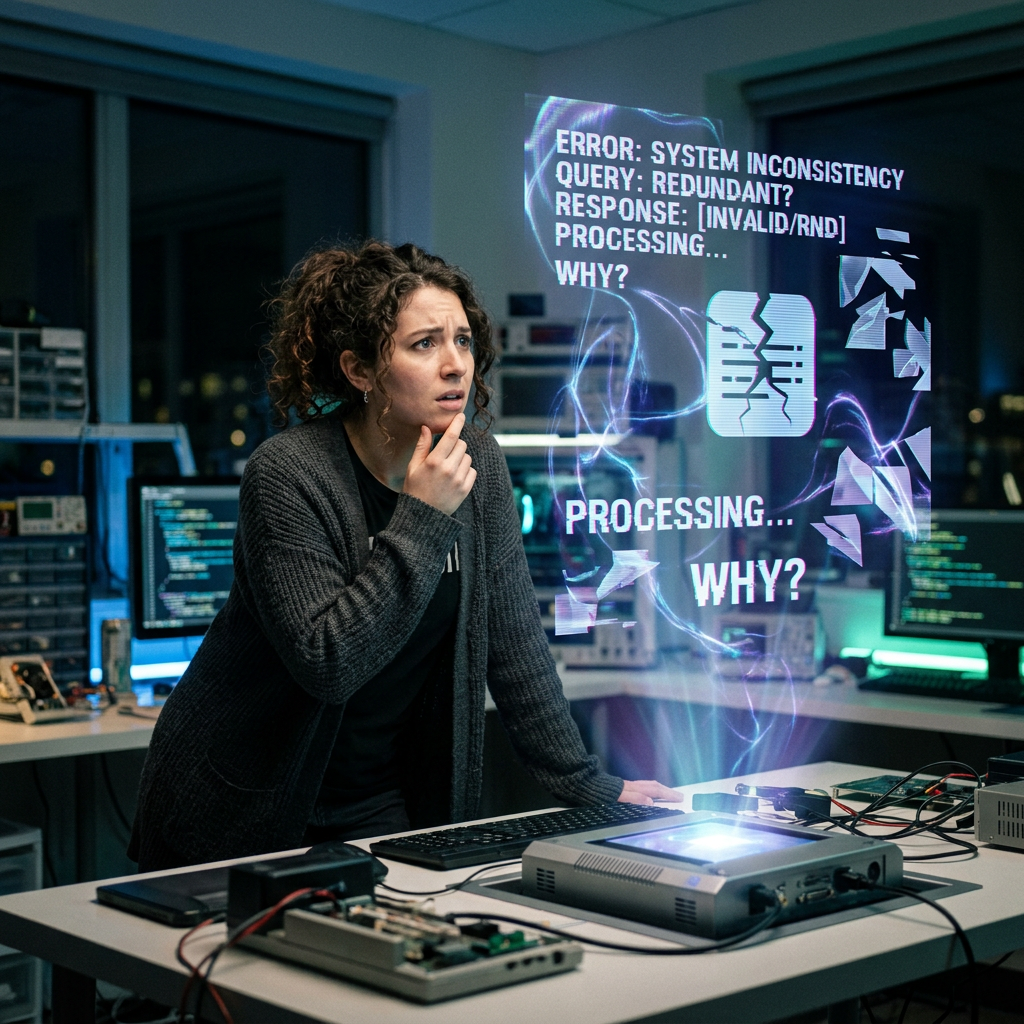 Woman looking concerned at holographic system error messages in a technology lab