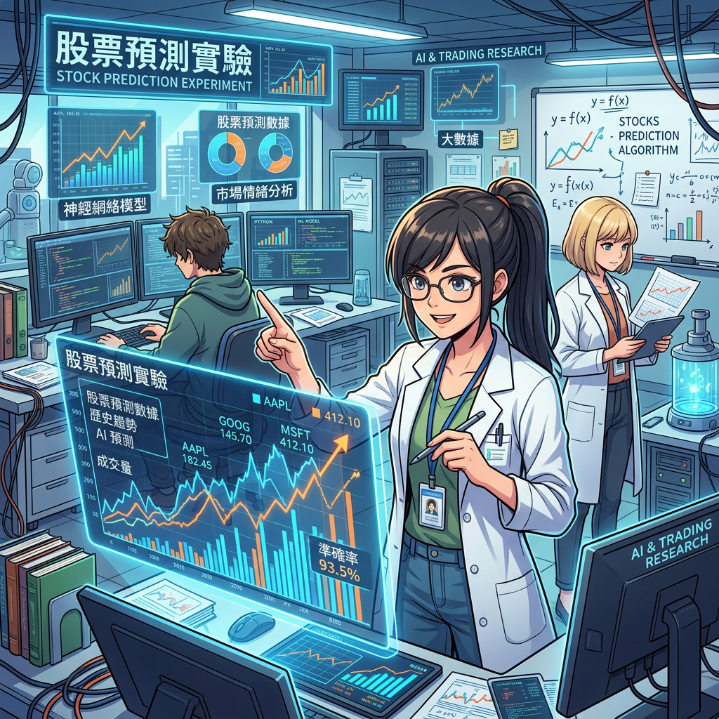 Researchers in a lab analyzing stock prediction data with AI and neural network models
