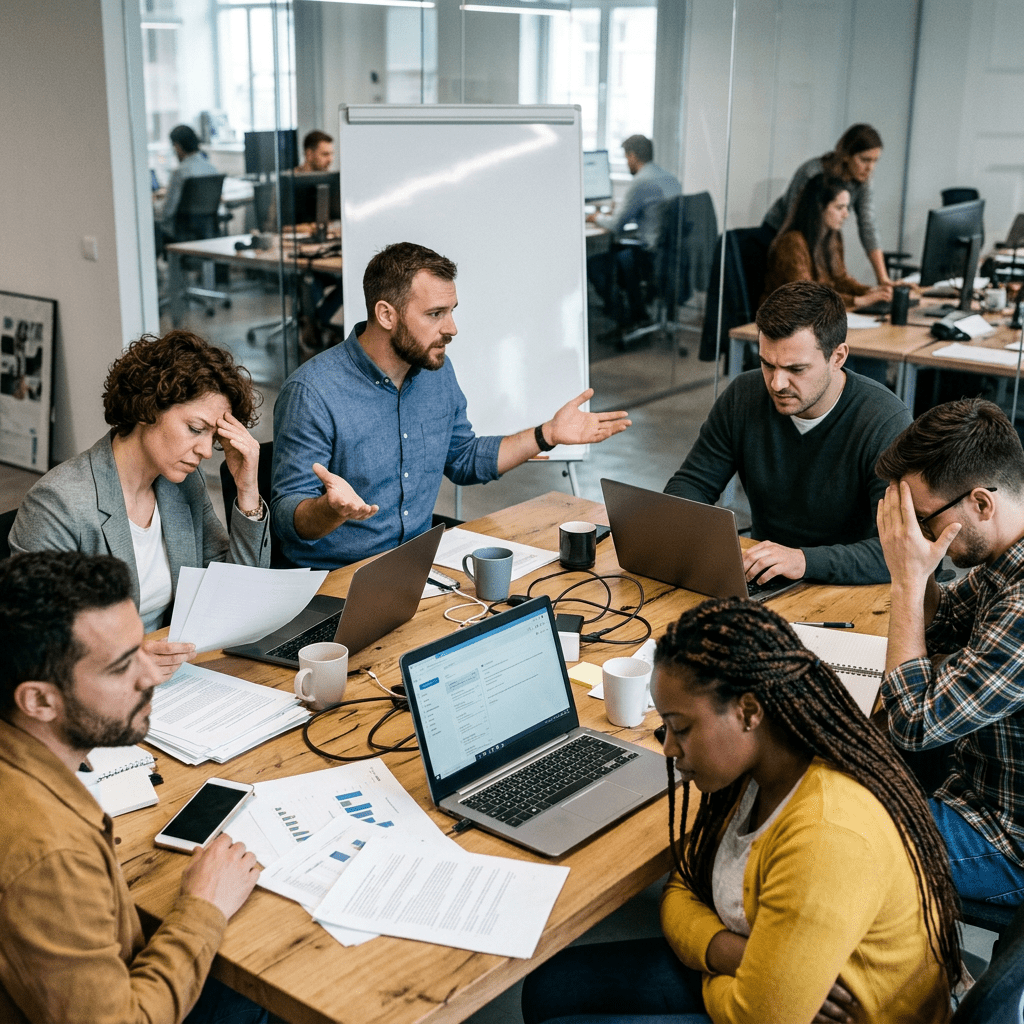Six colleagues in a tense office meeting surrounded by laptops and documents