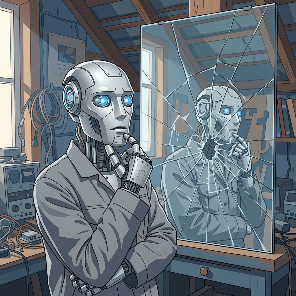 Robot with glowing blue eyes thinking in front of a cracked mirror in a workshop