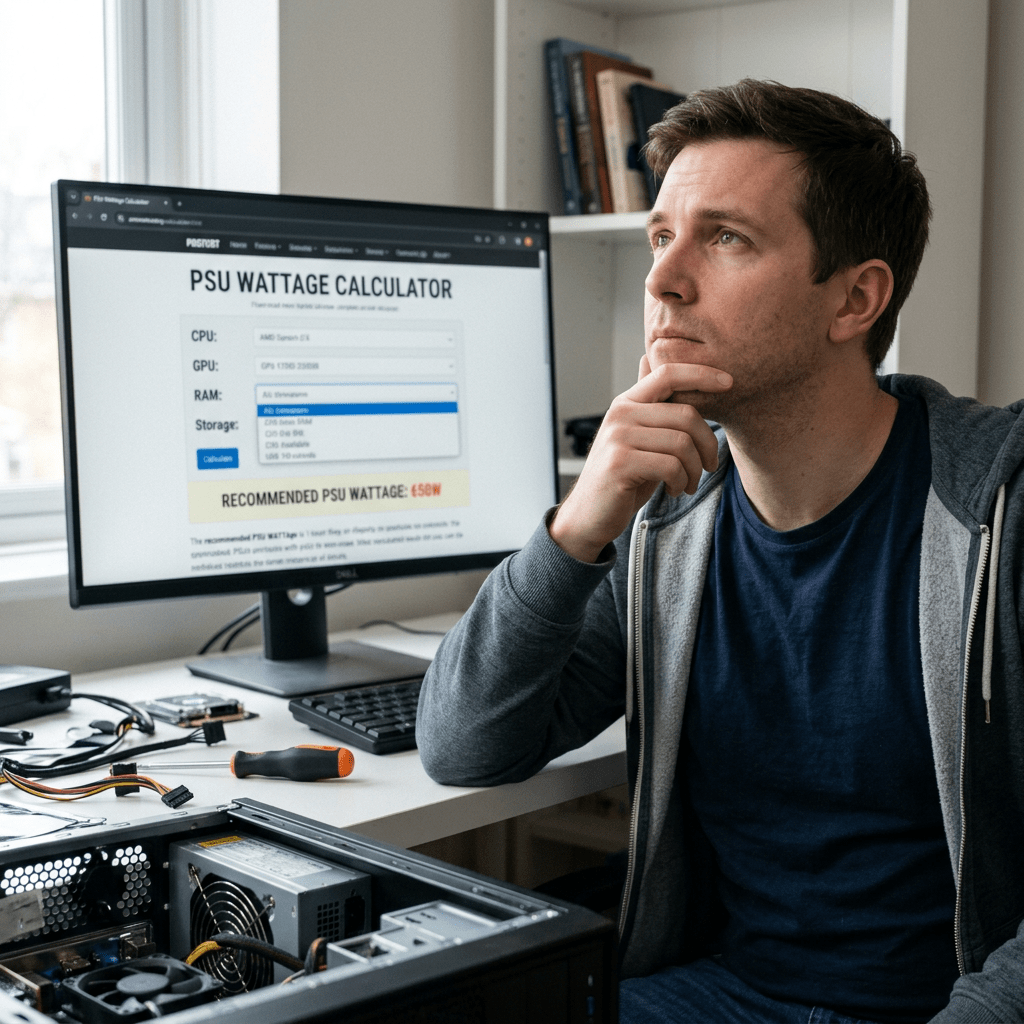 Man calculating PSU wattage on computer with open desktop PC case
