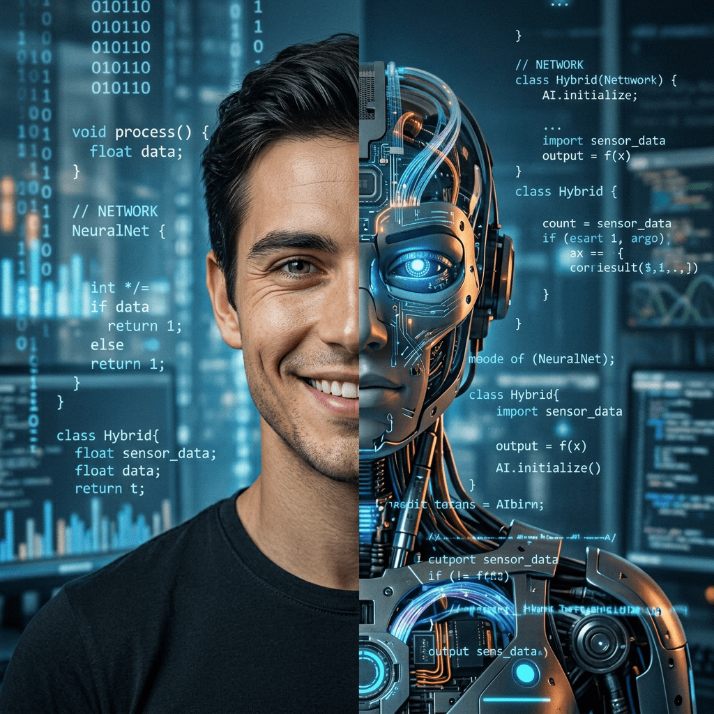 Half human face merged with half robotic AI face with code overlay