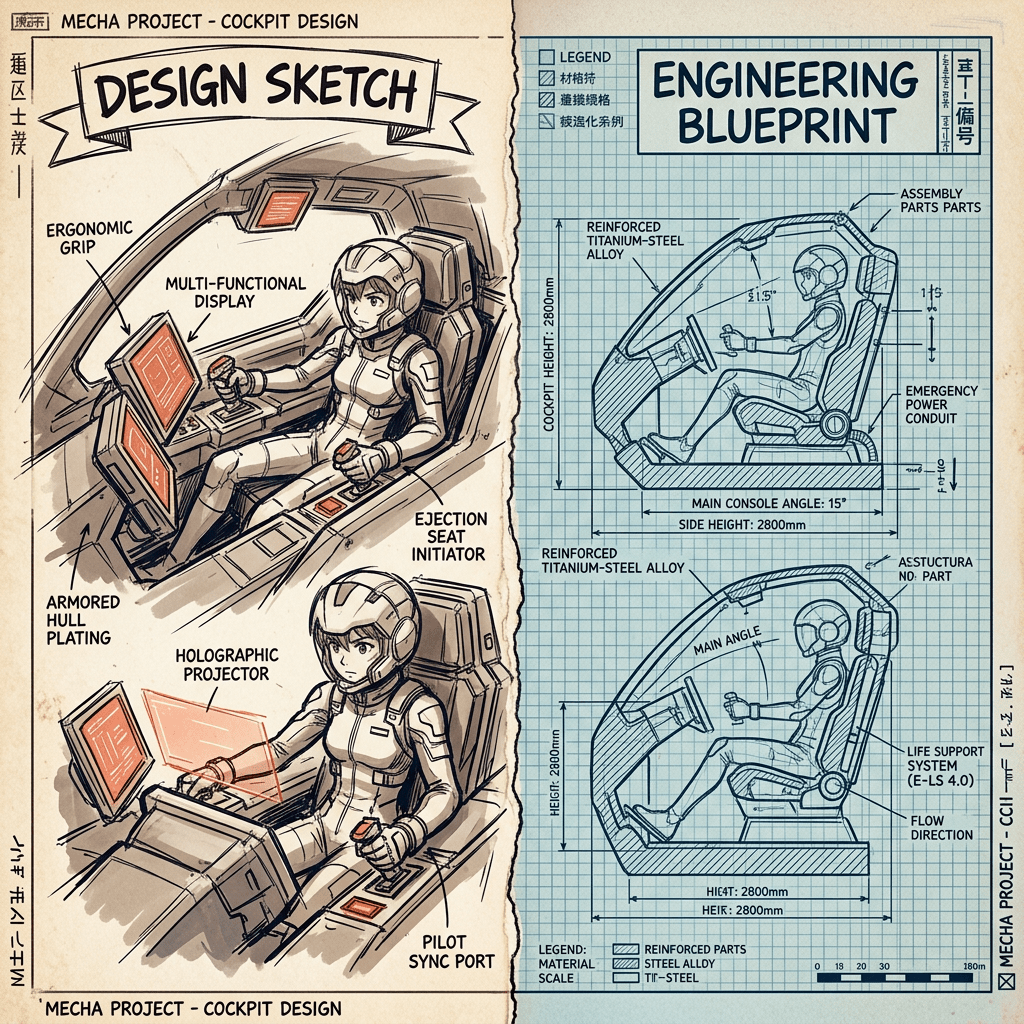 Design sketch and engineering blueprint of a mecha cockpit with labeled components and pilot positions