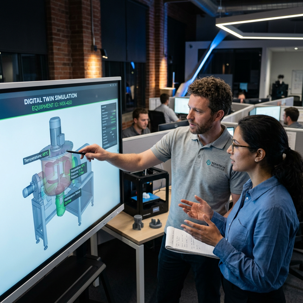 Engineers reviewing digital twin simulation data of industrial equipment on a large touchscreen display