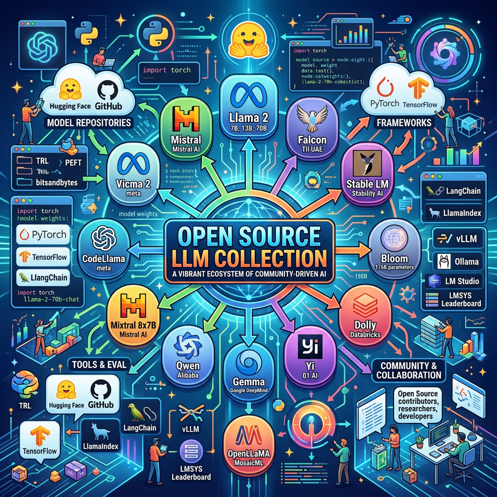 Diagram of open source large language model collection ecosystem with models, frameworks, tools, and collaboration platforms