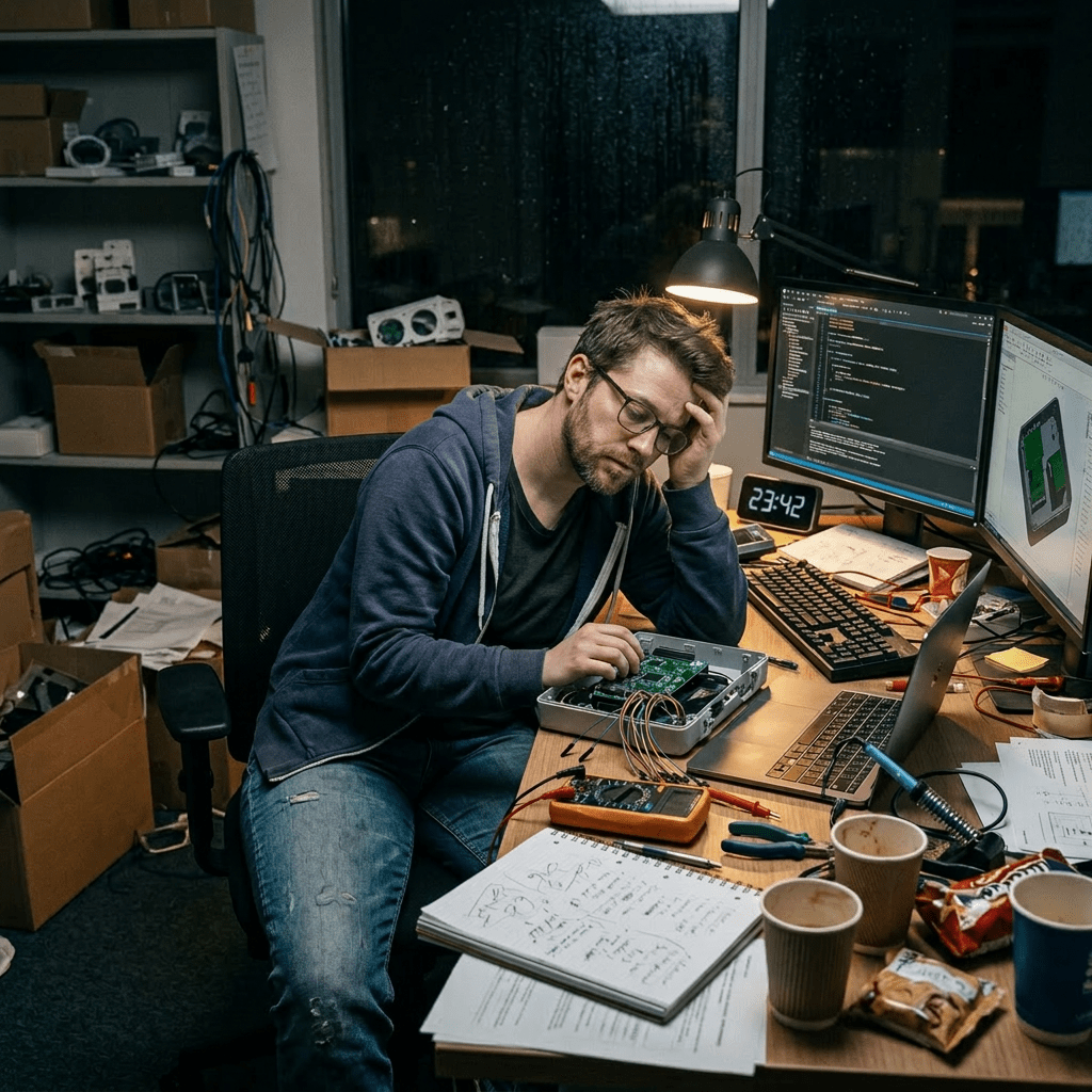 Engineer sitting at desk troubleshooting electronic circuit board with multiple computer screens and tools at night