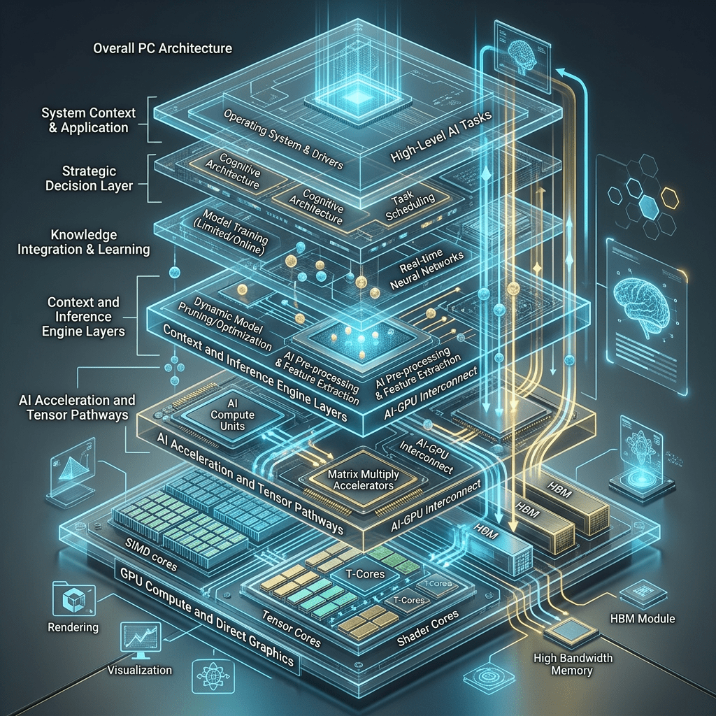 Diagram showing layered AI computing architecture with GPU, tensor cores, shader cores, AI compute units, memory modules, and high-level AI tasks
