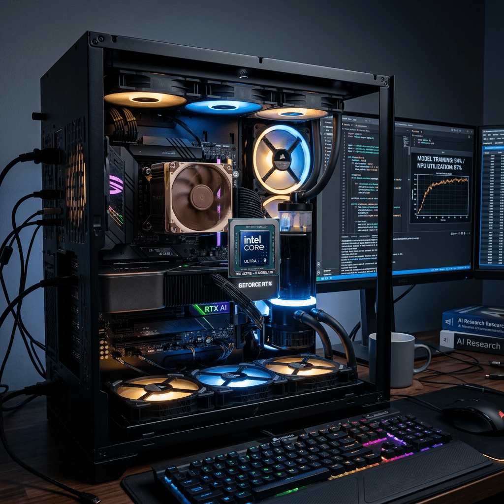 Custom gaming PC with RGB fans, Intel Core i9 CPU, GeForce RTX GPU, liquid cooling, and dual monitors displaying AI model training code and performance charts