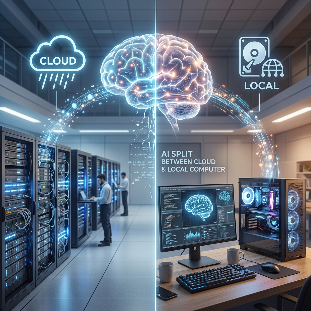 Visualization of AI split between cloud and local computer with brain icon and computer setup
