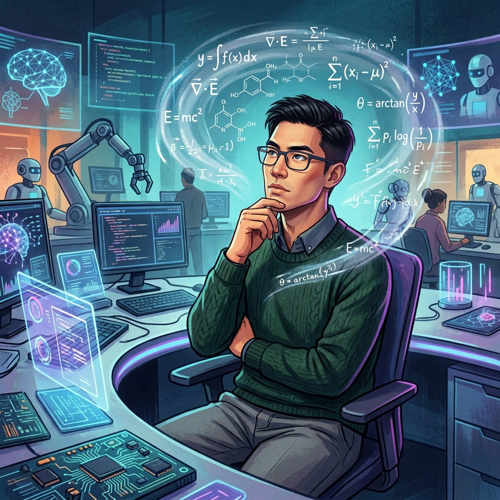 Scientist contemplating complex scientific equations in advanced AI research lab
