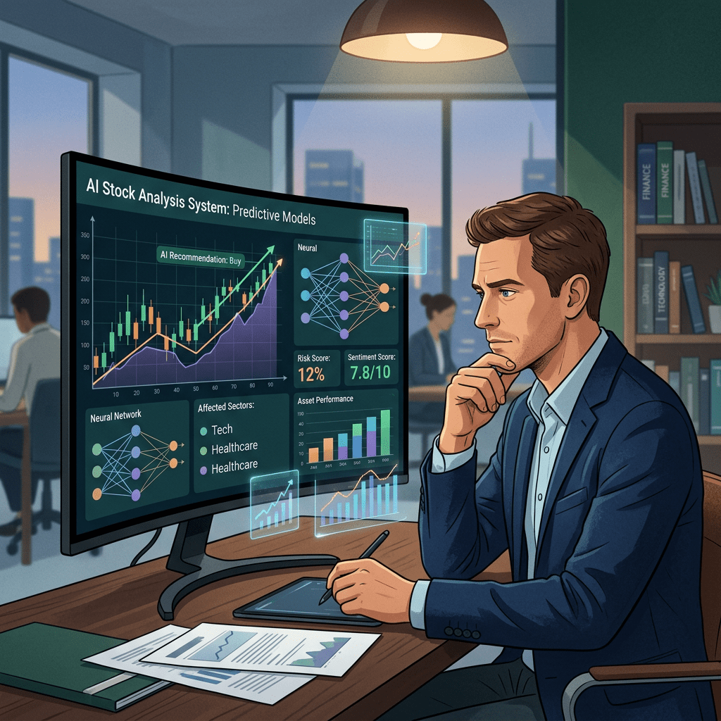Man analyzing AI stock market predictive models and financial charts on computer