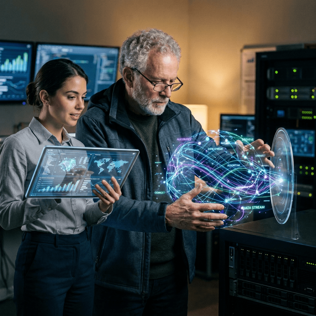 Older man interacting with a holographic data visualization in a technology lab