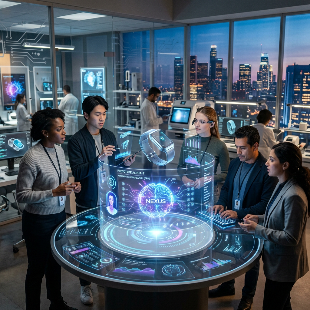 Team of professionals discussing AI prototype with holographic interface in lab