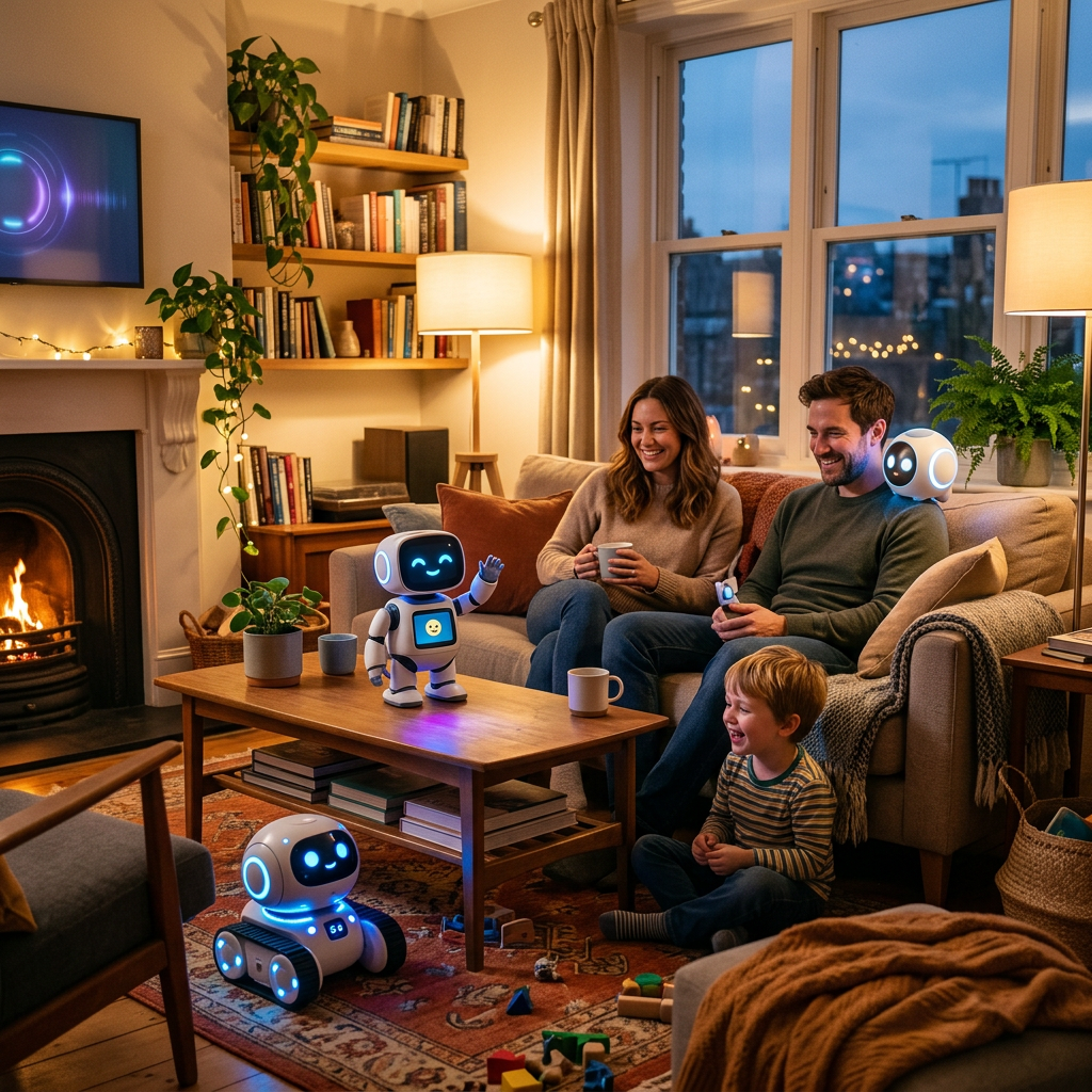 Family sitting in living room with multiple friendly robots playing and interacting