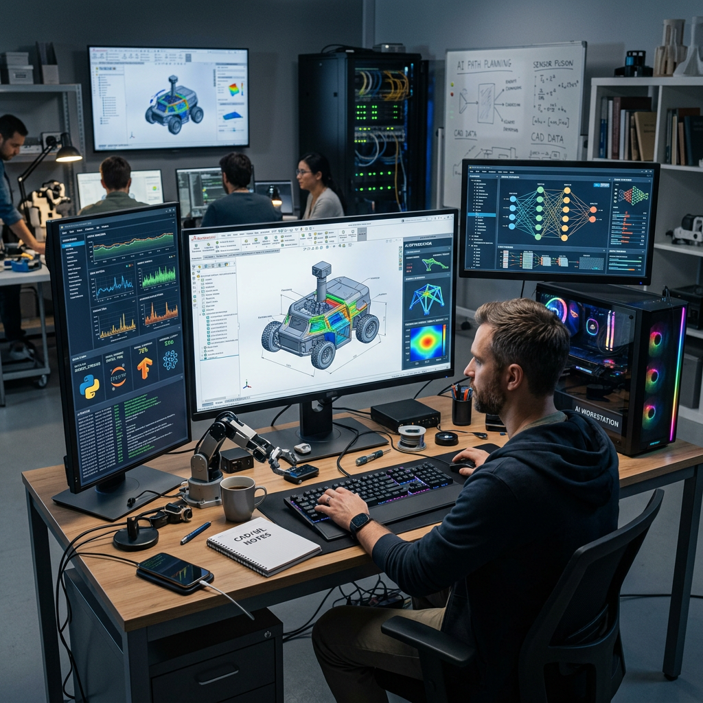 Engineer working on computer-aided design and AI model of a robotic vehicle in an office