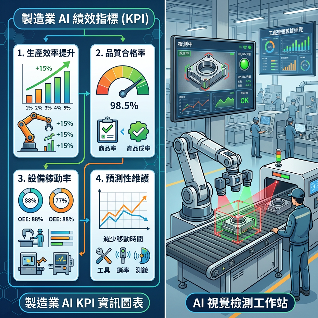 製造業AI KPI資訊圖表與AI視覺檢測工作站示意圖
