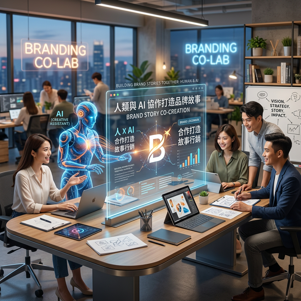 人類創意與 AI 協作打造品牌故事的概念圖