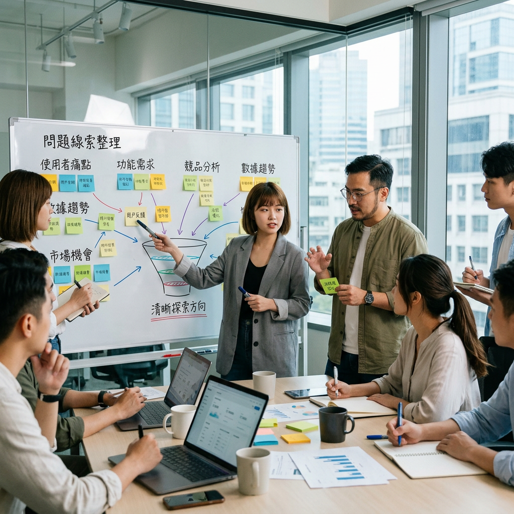 Team collaborating around a whiteboard with Chinese strategy notes and sticky notes