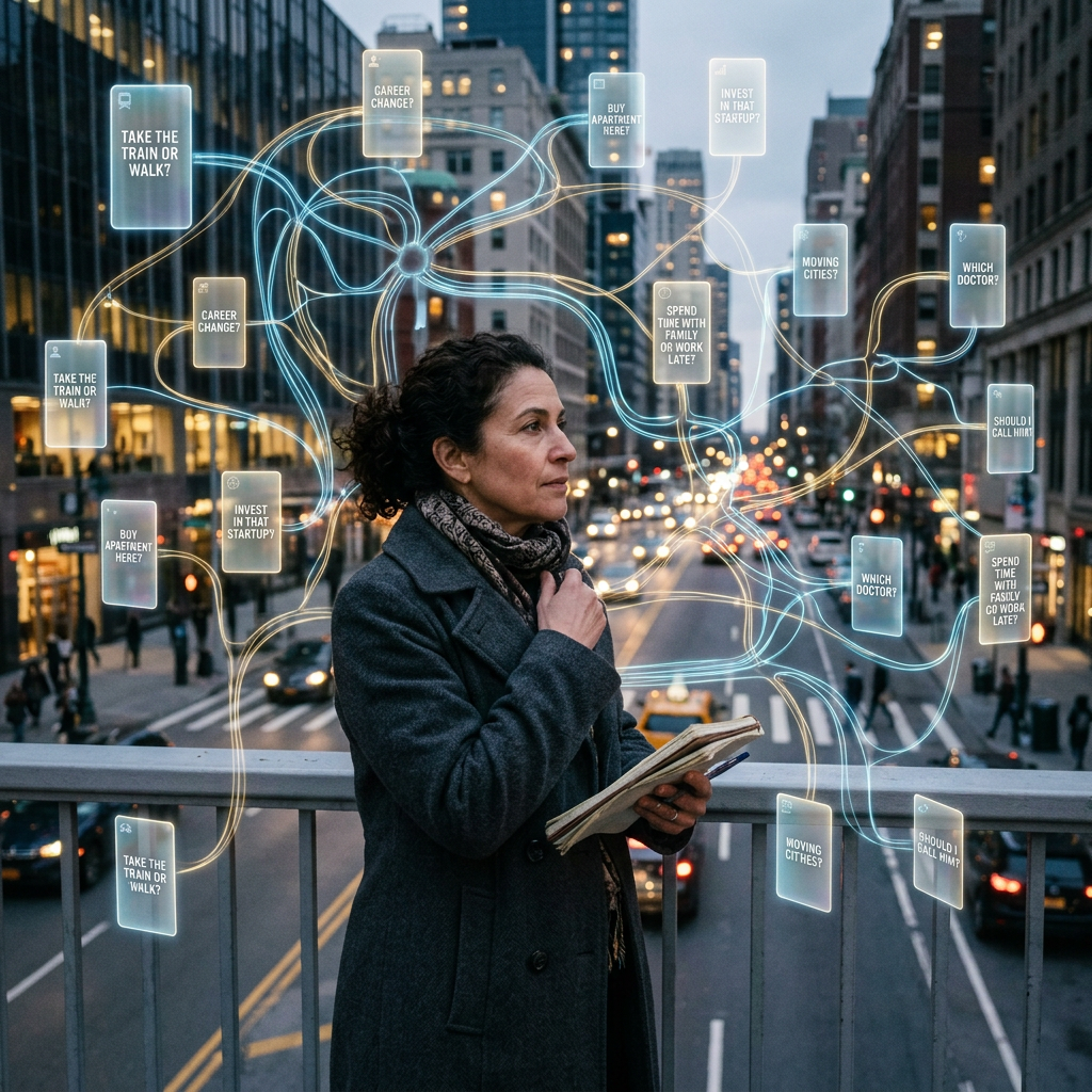 Woman holding notebook amid glowing paths and decision cards reading “TAKE THE TRAIN OR WALK?”, “CAREER CHANGE?”, “BUY APARTMENT HERE?”, “INVEST IN THAT STARTUP?”, “MOVING CITIES?”, “WHICH DOCTOR?”, “SPEND TIME WITH FAMILY OR WORK LATE?”, and “SHOULD I CALL HIM?”