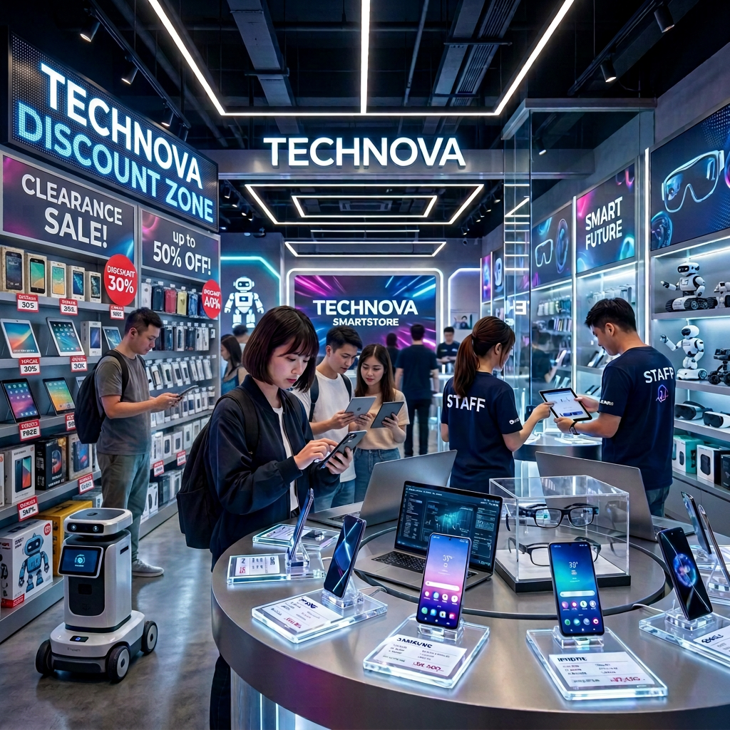 Shoppers browse smartphones and accessories in a Technova smartstore