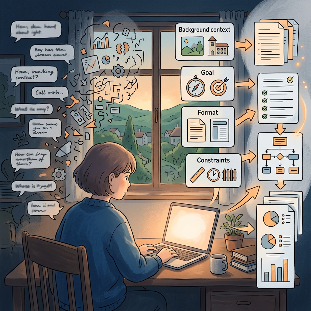 Person organizing ideas into background context, goal, format, and constraints