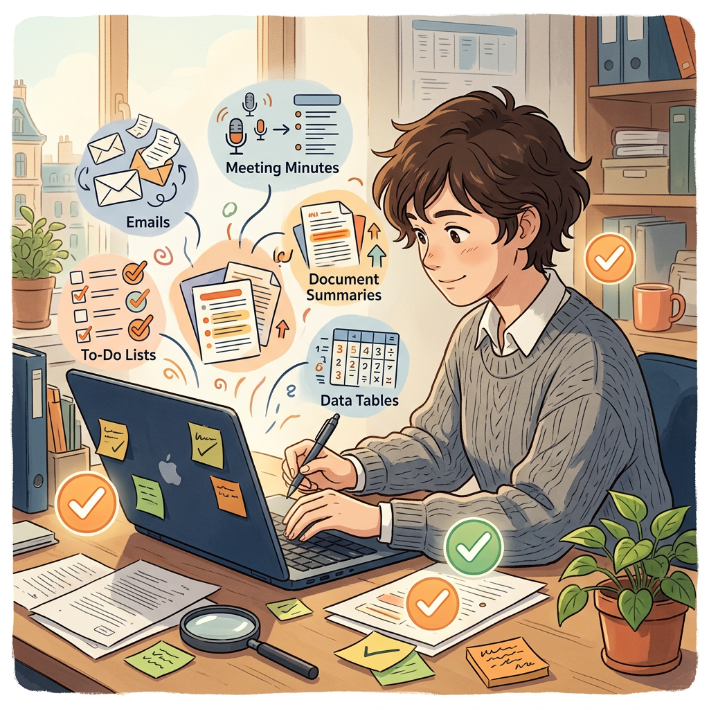 Person working at laptop with labels for emails, meeting minutes, summaries, to-do lists, and data tables