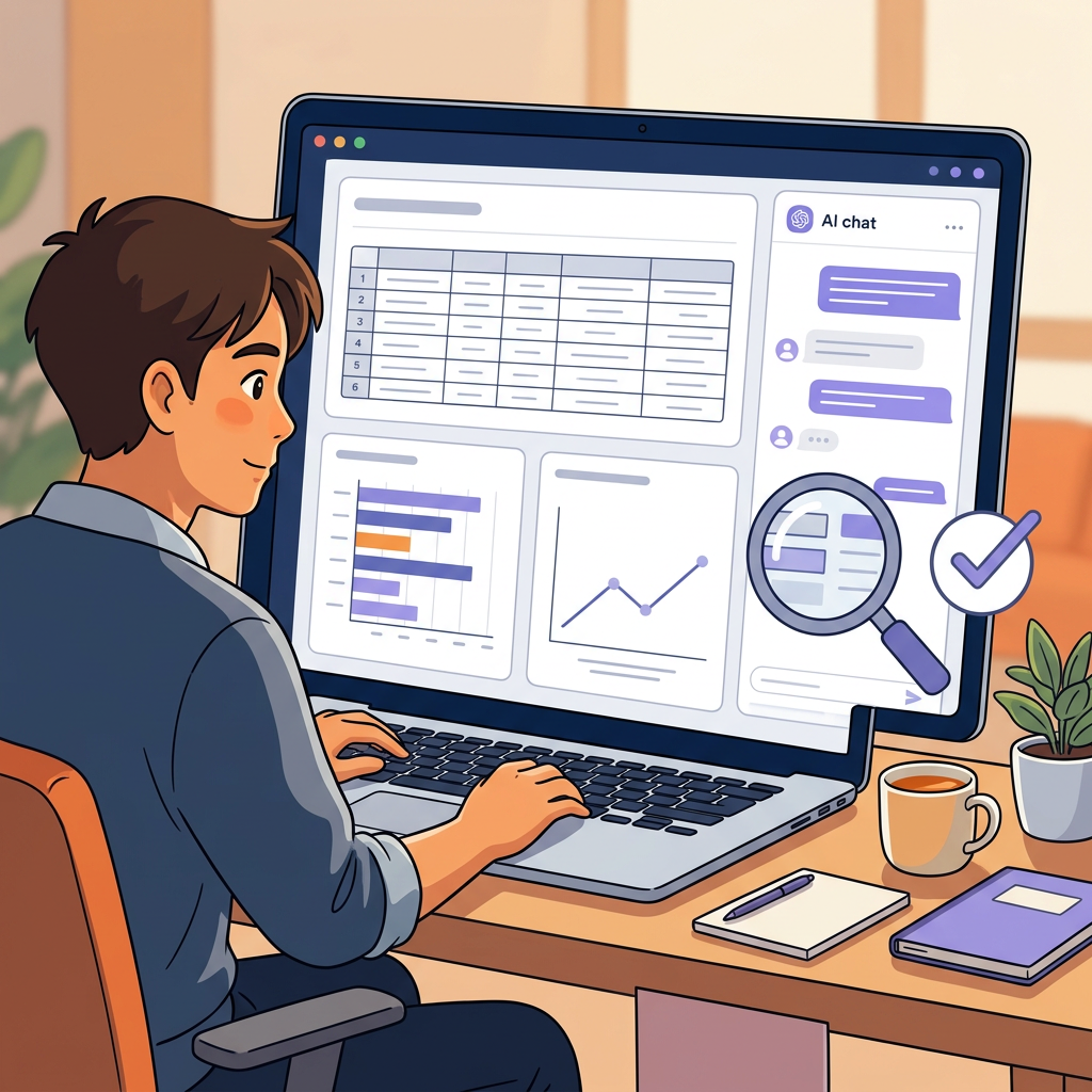 Person using laptop displaying charts, tables, and an AI chat interface
