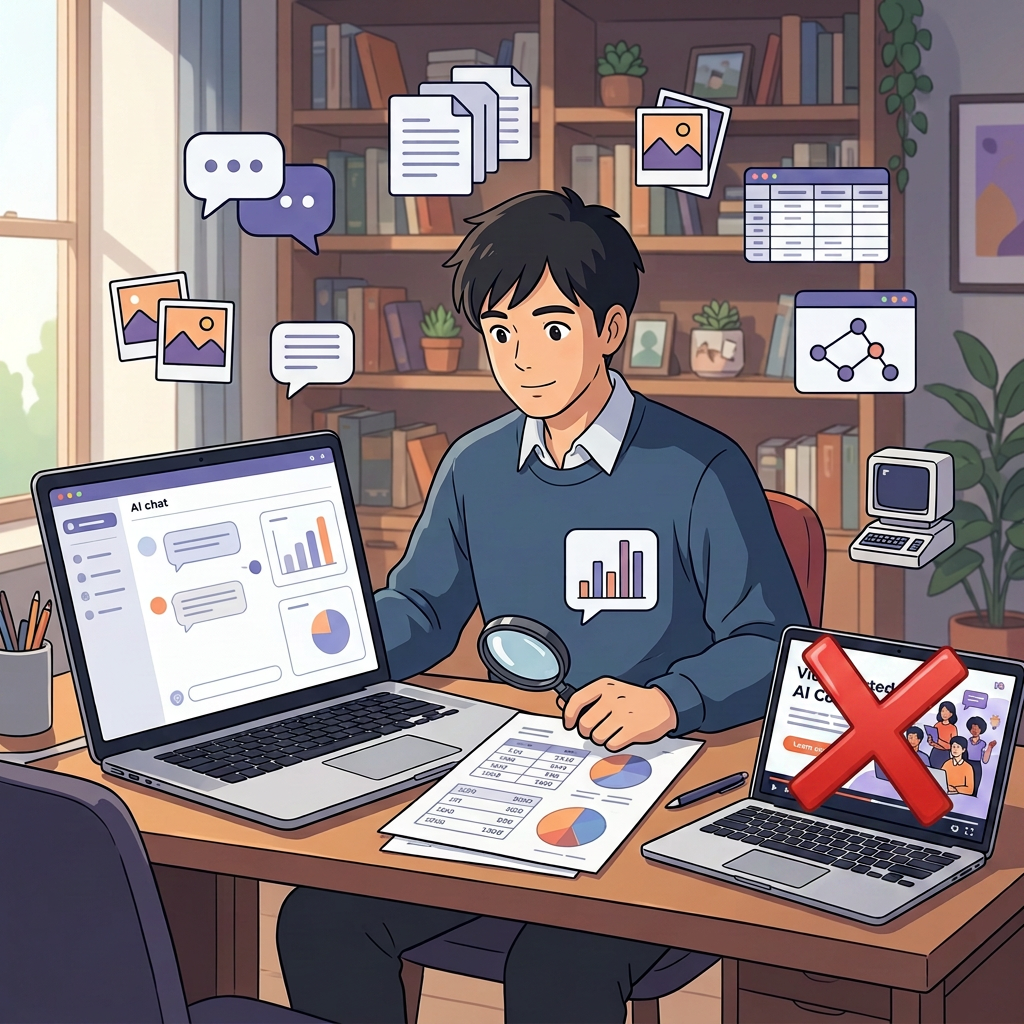 Person using laptops displaying AI chat, charts, and Video Elated AI Course