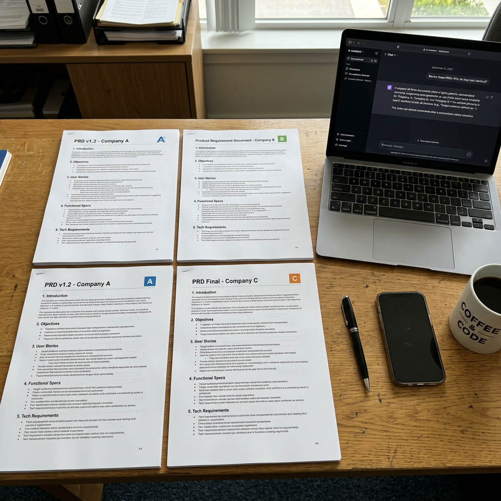 Four product requirement documents labeled Companies A, B, and C beside laptop