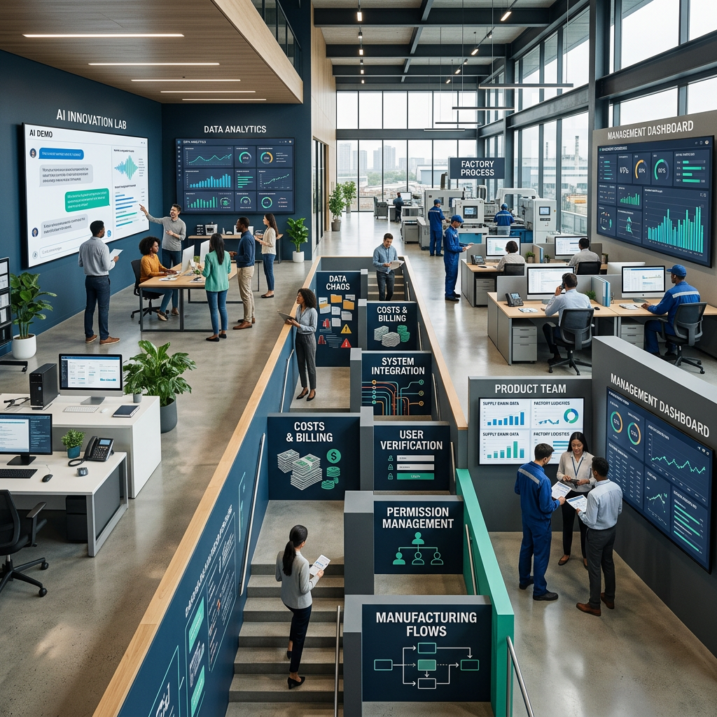 AI innovation lab with teams, dashboards, factory equipment, and workflow displays