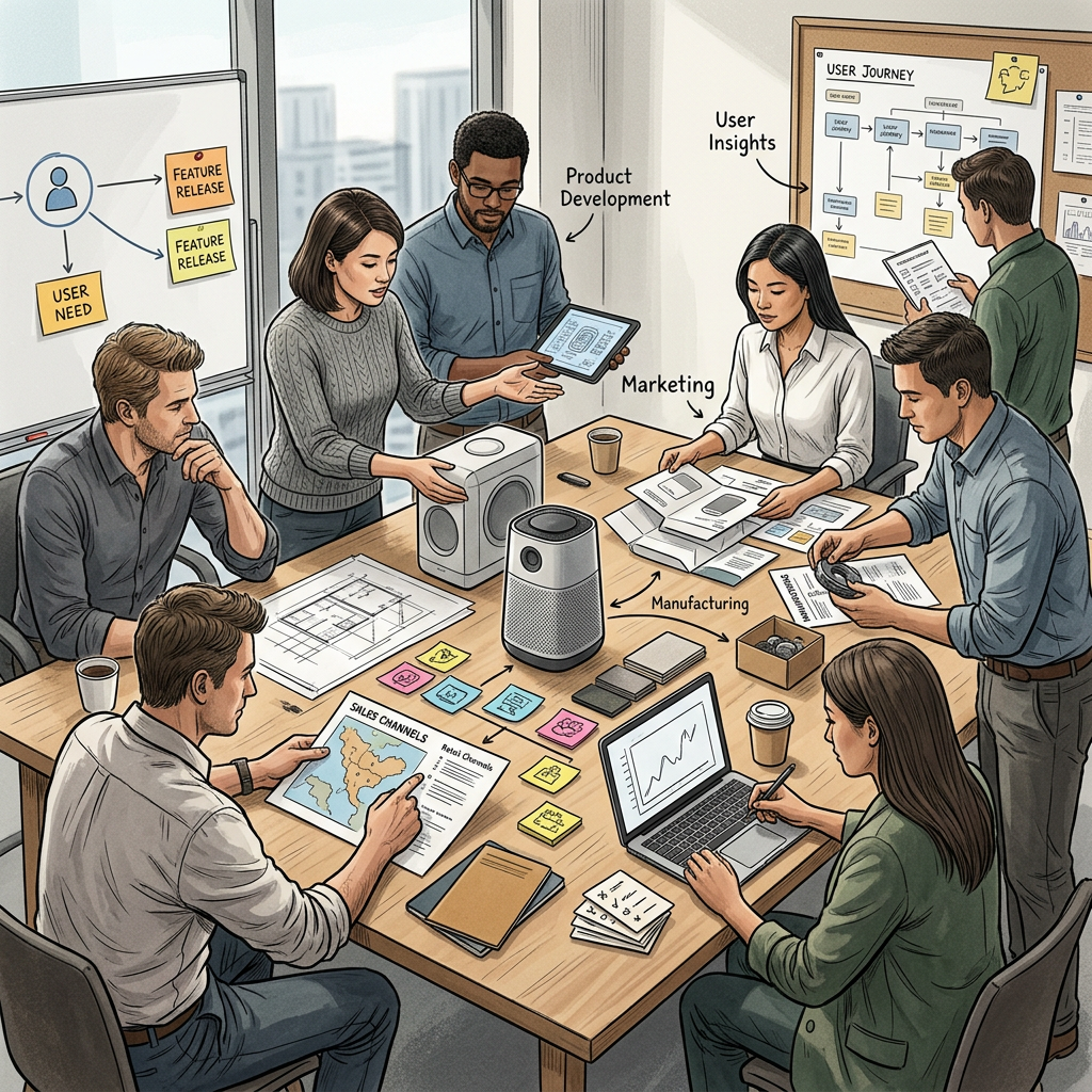 Team collaborating on product development with user insights, marketing, manufacturing, and sales