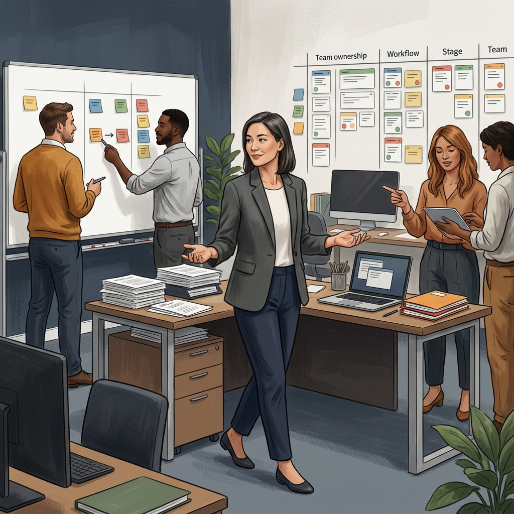 Team members collaborating around workflow boards, documents, and computers